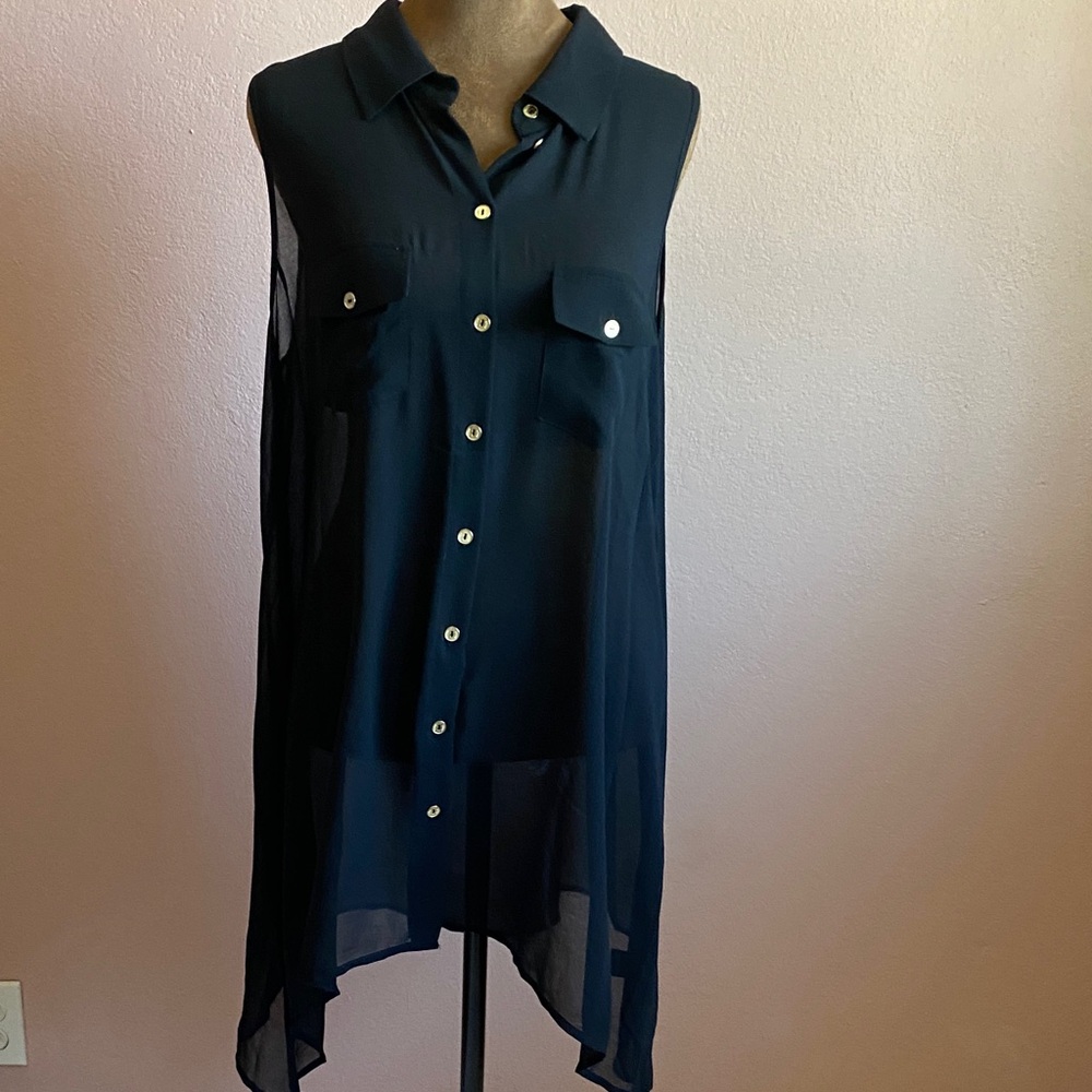 BCBGMaxAzria Sheer Sleeveless Button-Front Tunic in Black - Picture 2 of 9